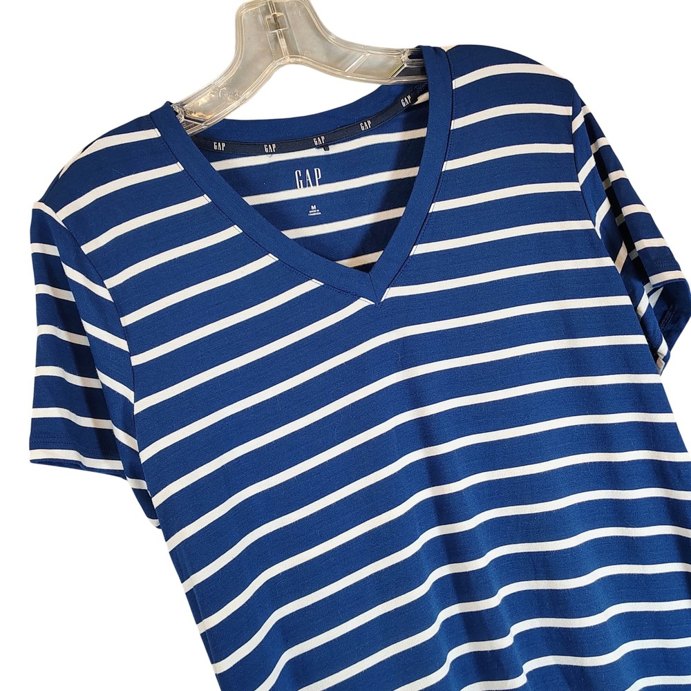 Gap Womens Blue White Striped V-Neck Short Sleeve Nautical T-Shirt M